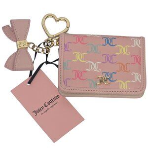 Juicy Couture Card Holder Wallet Pink Multicolor Monogram with Heart Clip & Bow